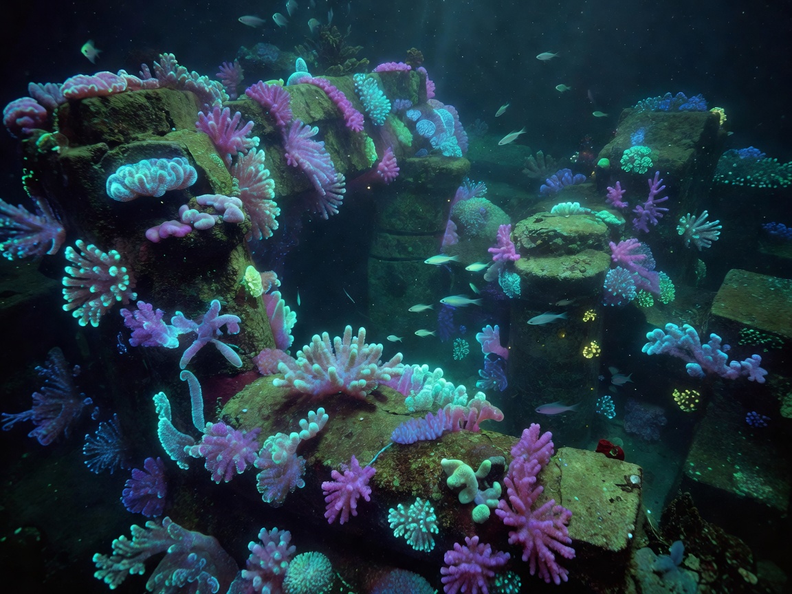 Sunken ruins glowing with bioluminescent coral in the deep ocean